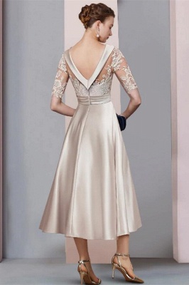 Elegant Ivory Bateau Jewel Lace Beading A-Line Tea Length Satin Mother Dress Formal Dress_2