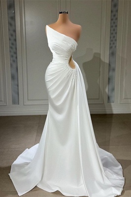 Elegant White One Shoulder Asymmetrical Mermaid Stretch Satin Prom Dress_1