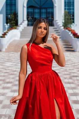 Gorgeous Red Asymmetrical One Shoulder A-Line Floor Length Stretch Satin Prom Dress with Ruffles_2