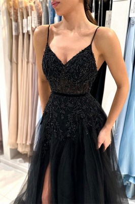 Chic Black Spaghetti Straps Beading A-Line Tulle Prom Dress_3