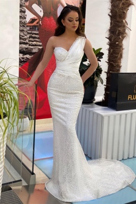 Charming White One Shoulder Asymmetrical Floor Length Prom Dress with Ruffles_1