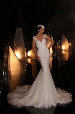 Charming V-Neck Mermaid Floor Length Sleeveless Tulle Wedding Dress
