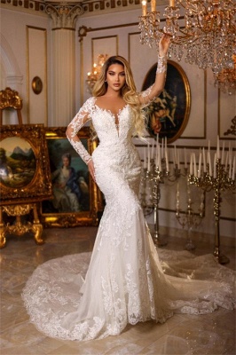 Gorgeous A-line Sweetheart Mermaid Long Sleeves Lace Wedding Dress with Train_1