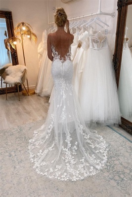 Fabulous Floor Length Chapel Train V-neck Mermaid Wedding Dress_3