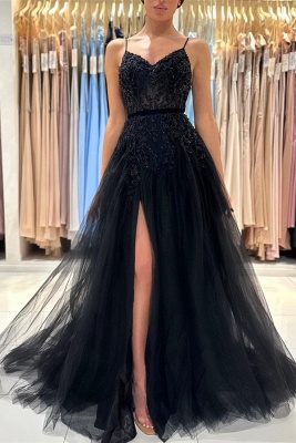 Chic Black Spaghetti Straps Beading A-Line Tulle Prom Dress_4