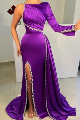 Charming Purple One Shoulder Asymmetrical Beading Floor Length Satin Prom Dress with Ruffles