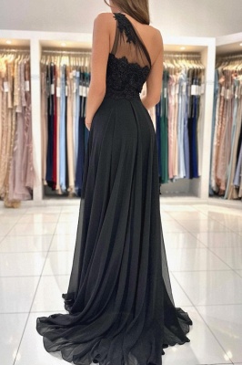 Black One Shoulder Front-Slit Chiffon Prom Dress with Ruffles_2