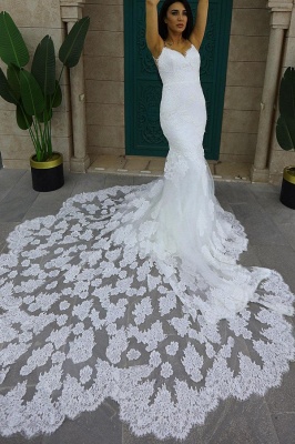 Chic Sleeveless Spaghetti Straps Mermaid Wedding Dress with Chapel Train_2