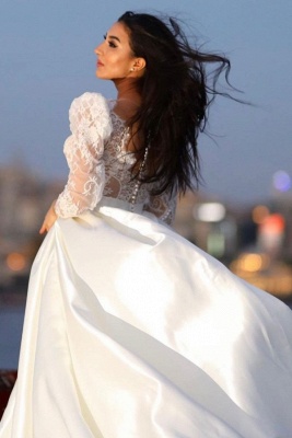 Charming Long Sleeves V-neck Satin Wedding Dress with Lace_3