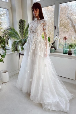 Elegant High Collar Long Sleeves A-Line Lace Wedding Dress with Chapel Train_1