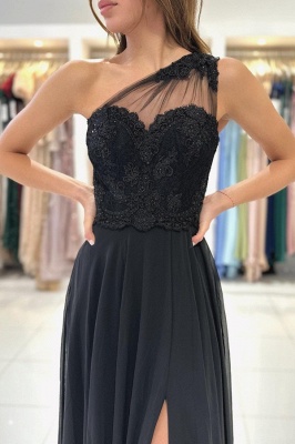 Black One Shoulder Front-Slit Chiffon Prom Dress with Ruffles_3