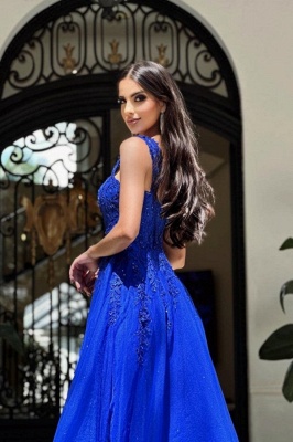 Royal Blue A-Line Straps Sleeveless Tiered Prom Dress with Appliques_3