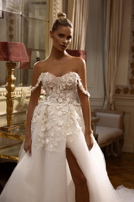 Ivory Sweetheart Front-Slit Off the Shoulder A-Line Wedding Dress_1