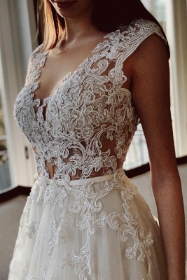 Charming Ivory A-Line Floor Length V-Neck Garden Lace Wedding Dress_2