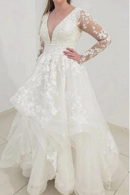 Charming Long Sleeves V-Neck Garden Lace A-Line Wedding Dress_4