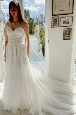 Charming Garden Spaghetti Straps A-Line Lace Wedding Dress_1