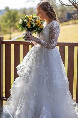 Charming Long Sleeves V-Neck Garden Lace A-Line Wedding Dress_1
