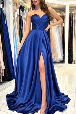 Charming Royal Blue Strapless Floor Length Front Slit Prom Dress with Ruffles_2