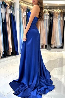 Charming Royal Blue Strapless Floor Length Front Slit Prom Dress with Ruffles_3