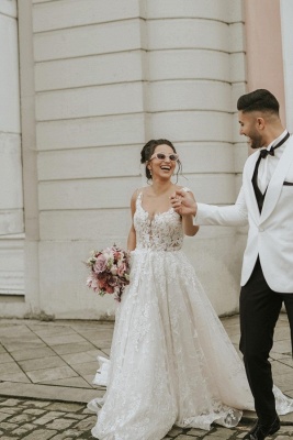 Ivory Sleeveless Straps A-Line Wedding Dress with Chapel Train