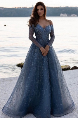 Gorgeous Dusty Blue Sequined A-Line Long Sleeves Sweetheart Prom Dress