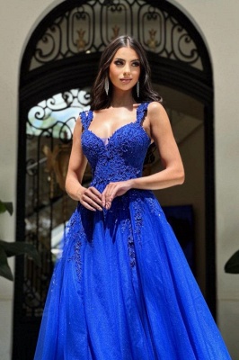Royal Blue A-Line Straps Sleeveless Tiered Prom Dress with Appliques_2