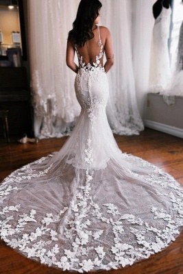 Spaghetti Straps Mermaid Floor Length Lace Wedding Dress with Chapel Train_2