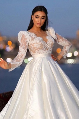 Charming Long Sleeves V-neck Satin Wedding Dress with Lace_2