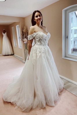 Charming Off the Shoulder Strapless A-Line Lace Tulle Wedding Dress_1