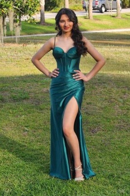Charming Dark Green Spaghetti Straps Front-Slit Sleeveless Prom Dress with Ruffles_1