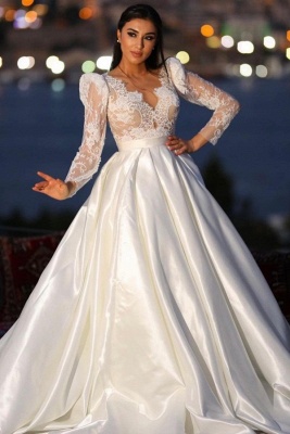 Charming Long Sleeves V-neck Satin Wedding Dress with Lace_1