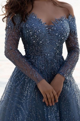 Gorgeous Dusty Blue Sequined A-Line Long Sleeves Sweetheart Prom Dress_2