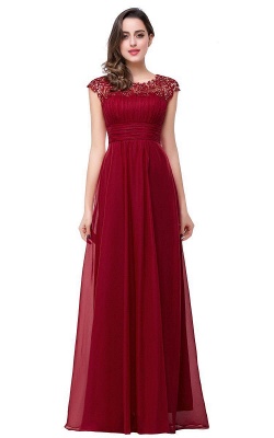 Long Chiffon Lace Open Back A-line Beaded Capped-Sleeves Party Dresses_2