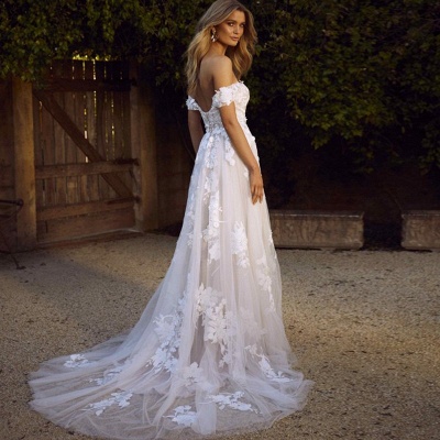 Appliques Lace Charming Tulle Off-the-shoulder A-line Wedding Dresses_4