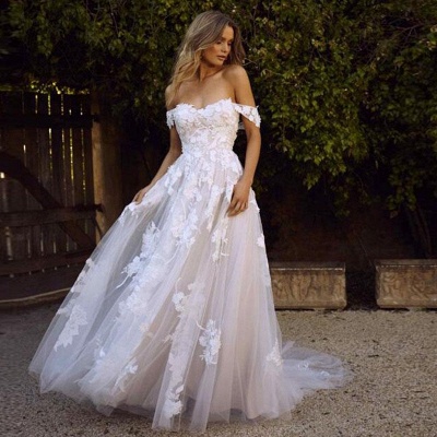 Appliques Lace Charming Tulle Off-the-shoulder A-line Wedding Dresses_3