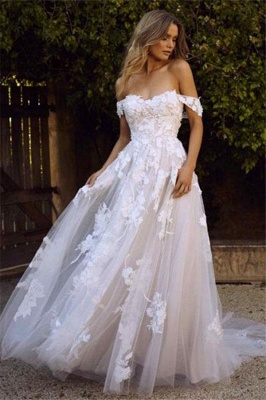Appliques Lace Charming Tulle Off-the-shoulder A-line Wedding Dresses_1