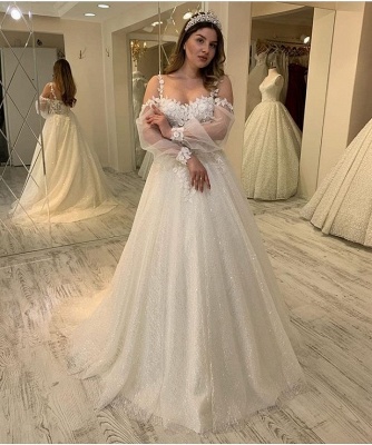 Sexy Jewel Long Sleeve Floral Ball Gown Wedding Dresses | Sheer Back Sequin Wedding Gown_3