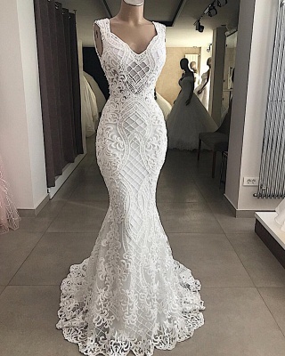 Attractive Lace Appliques Mermaid Sleeveless V-Neck Wedding Dresses_2
