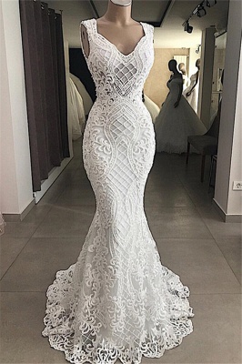 Attractive Lace Appliques Mermaid Sleeveless V-Neck Wedding Dresses_1
