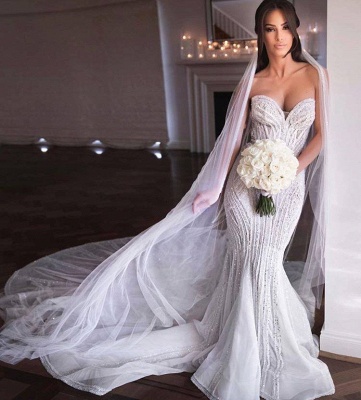 Sweetheart Sleeveless Sequin Crystal Floor Length Fit And Flare Mermaid Wedding Dresses_3