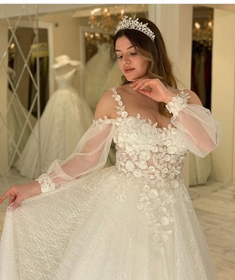 Sexy Jewel Long Sleeve Floral Ball Gown Wedding Dresses | Sheer Back Sequin Wedding Gown_4