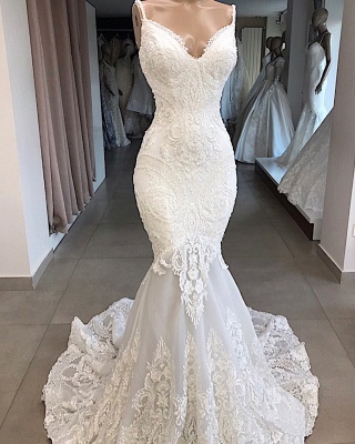 Beautiful Appliques Lace Mermaid Spaghetti-Straps Wedding Dresses_3