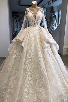 Layered Amazing Long-Sleeves Scoop Appliques Wedding Dresses_1