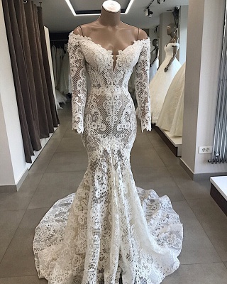 Long-Sleeves Off-the-shoulder White Elegant Mermaid Appliques Lace Wedding Dresses_3