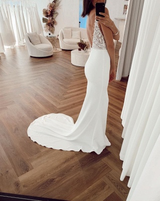 Sexy Spaghetti Strap Deep V Neck Applique Wedding Dresses | Long  Bridal Gown_2