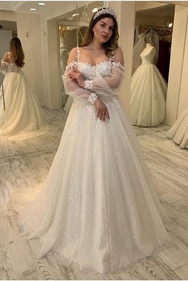 Sexy Jewel Long Sleeve Floral Ball Gown Wedding Dresses | Sheer Back Sequin Wedding Gown_1