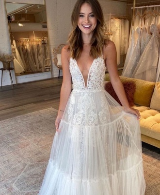 Sexy Spaghetti Strap Plunging V Neck Applique A Line Wedding Dresses | Tulle Bridal Gown_2