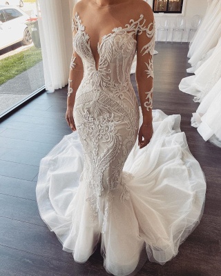 Elegant Jewel Long Sleeve Nude Sheer Back Applique Fitted Mermaid Wedding Dresses_1