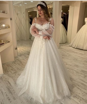 Sexy Jewel Long Sleeve Floral Ball Gown Wedding Dresses | Sheer Back Sequin Wedding Gown_2