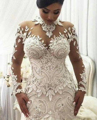 Elegant High Neck Long Sleeve Applique Sequin Fit And Flare Mermaid Wedding Dresses_2
